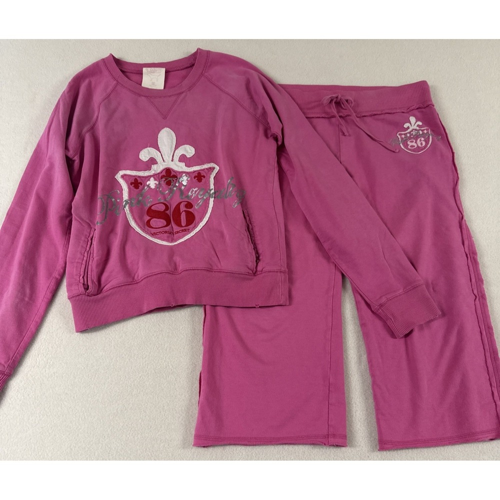 Vtg Y2K Pink Victoria's Secret Set Sweatshirt Capri Jogger Pink Royalty Med 2006